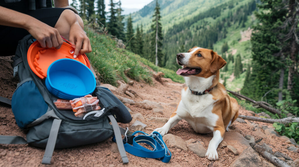 Essential Gear for Hiking with a Dog:- Water Bowl, Food, Collapsible Bowl, Pet First Aid Kit, Leash and Collar, Dog Pack, Booties, Dog Coat, Dog Towel, Dog Waste Bags, ID Tags, Nail Clippers, Treats, Alcohol Wipes, Cooling Collar, Dog Booties, Dog Sunscreen